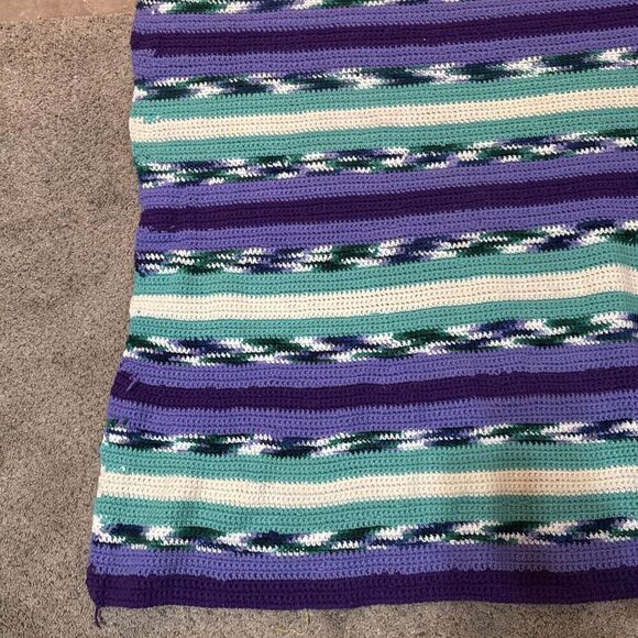 Handmade Afghan Crochet Blanket Teal Purple White 82"x 69" Southwest Aztec Queen - Picture 2 of 7